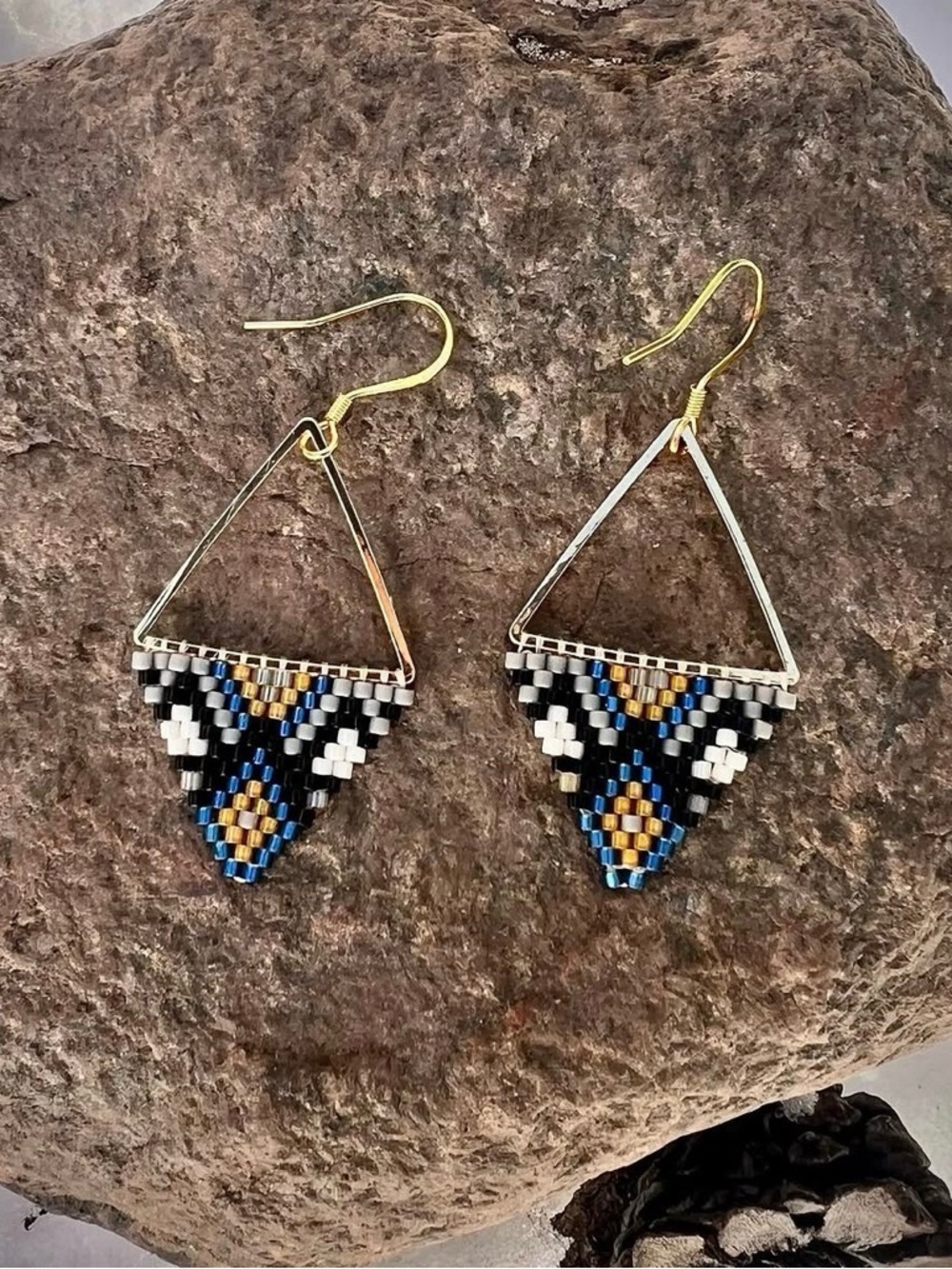 Gold Triangle Drop Earrings with Black, White & Blue Beadwork